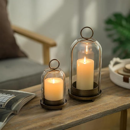 Sziqiqi Hurricane Candle Holder Lanterns: Pillar Candle Holders Set of 2 for Outdoor - Antique Brass Metal Candleholder with Glass Dome for Living Room Table Centerpiece