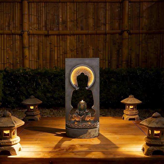 35.43" Zen Buddha Outdoor Fountain with Hollow Center — Zen Fountain Waterfall Feature for Garden, Patio & Yard — Soothing Sound, Warm LED Lights, Durable Weather-Resistant Decor