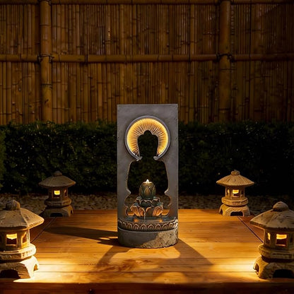 35.43" Zen Buddha Outdoor Fountain with Hollow Center — Zen Fountain Waterfall Feature for Garden, Patio & Yard — Soothing Sound, Warm LED Lights, Durable Weather-Resistant Decor