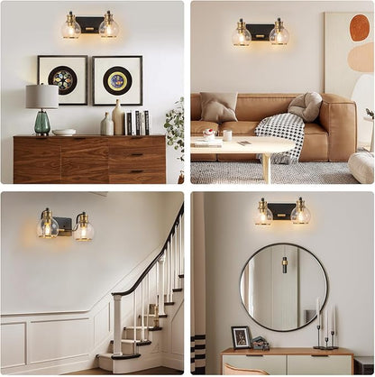 2 Light Modern Bathroom Light Fixtures Over Mirror (LED Bulbs Included), Black Gold Vanity Lights for Bathroom Wall Sconces with Clear Globe Glass Glass Shades