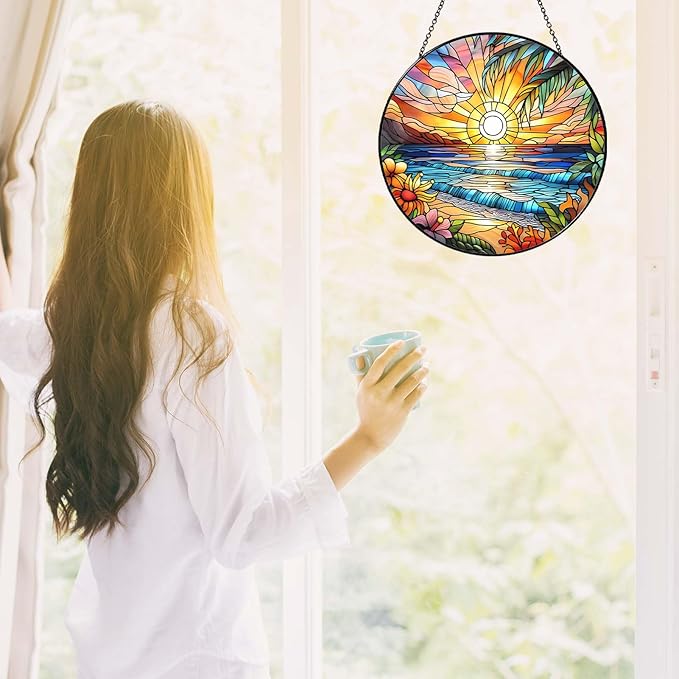 Beach Sunset Sun Catcher Stained Glass Window Hanging 6'', Beach Lovers Gifts for Women Kitchen Decor Landscape Decoration for Home Garden Housewarming Gifts