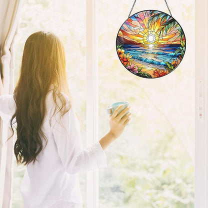 Beach Sunset Sun Catcher Stained Glass Window Hanging 6'', Beach Lovers Gifts for Women Kitchen Decor Landscape Decoration for Home Garden Housewarming Gifts
