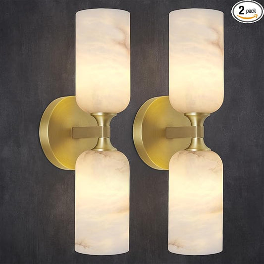 Alabaster Wall Sconces Set of 2, 14in Modern Spanish Natural Marble Vanity Light, Dimmable Hardwired Brass Gold Wall Sconce Lighting for Bathroom Mirror, Bedroom, Luxury Natural Stone Wall Fixtures
