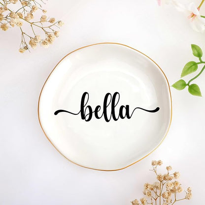 JoycuFF Bella Personalized Name Ceramic Jewelry Tray, Mothers Day Christmas Anniversary Engagement Birthday Gifts for Women Couples, Trinket Dish for Rings Earrings Necklaces Bracelets Keys