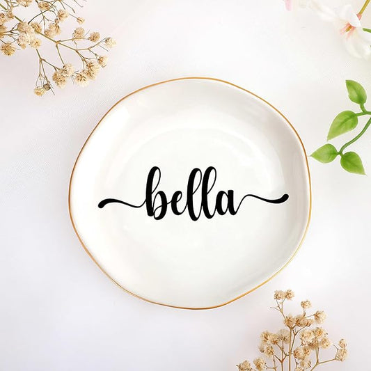 JoycuFF Bella Personalized Name Ceramic Jewelry Tray, Mothers Day Christmas Anniversary Engagement Birthday Gifts for Women Couples, Trinket Dish for Rings Earrings Necklaces Bracelets Keys
