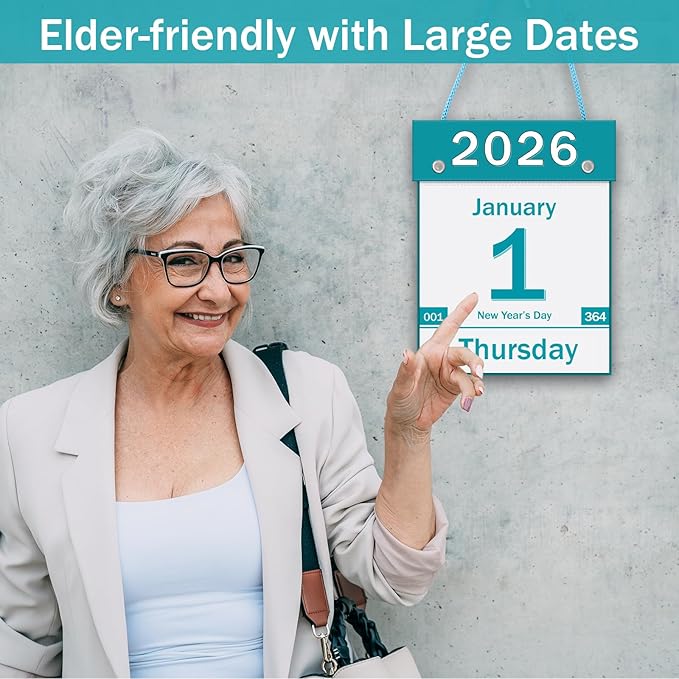 2026 Daily Wall Calendar, Page per Day with Large Print Dates, 365 Day Tear off Wall Calendar for Seniors Gift Home Office School Dorms, 8.5" x 6", Tear Away Calendars with Hanging String, Cyan