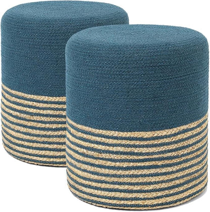 REDEARTH · Cylindrical Pouf Foot Stool Ottoman - Jute Braided Pouffe Poof Accent Sitting Footrest for Living Room, Bedroom, Nursery, Patio, Lounge Set of 2 (Teal Natural, 14.5"X14.5"X16")