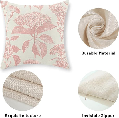 Pink Pillow Covers 18x18 Set of 2 Boho Floral Throw Pillow Cover Hydrangea Herbs Botanical Decoration Pillowcase Farmhouse Vintage Flower Linen Cushion Case Outdoor Decorative for Couch Sofa