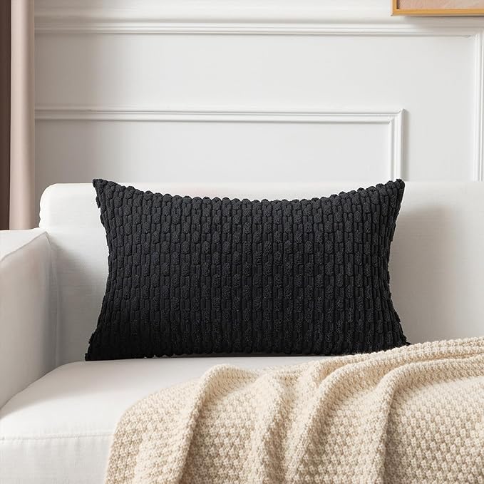 Kevin Textile 12x20 Inch Pillow Cover 1 Pack Boho Decorative Soft Striped Corduroy Lumbar Farmhouse Accent Rectangle Cushion Case for Living Room Couch Sofa Bed, Black