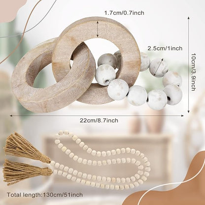 2 Pieces Decorative Wood Knot Link Chain Decor and Bead Garland Set Farmhouse Aesthetic Natural Wooden Knot Chain Link Wood Bead for Boho Country Home Table Decor(Classic Colors)
