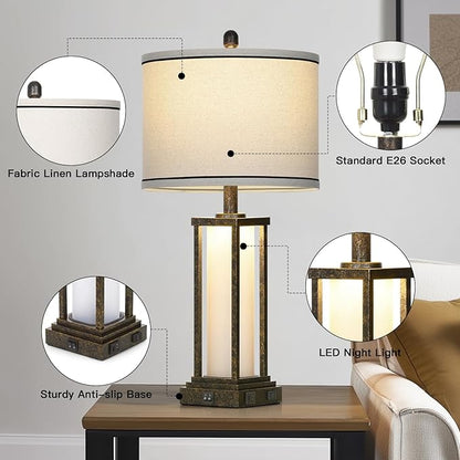 27in Tall Farmhouse Table Lamp Set of 2 with USB C+A & Outlet,Bronze Industrial End Table Lamp for Living Room,Vintage Rustic Bedside Lamps with Night Light for Bedroom Nightstand,Bronze