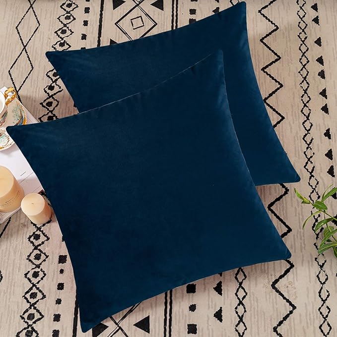Jeneoo Comfy Soft Thick Velvet Throw Pillow Covers for Sofa Couch, Decorative Solid Square Cushion Cases for Bedroom Car (Dark Blue, 20 x 20 Inches, 2 Pieces)