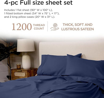 Threadmill Luxury Full Size Sheets for Full Size Mattress, 1200 Thread Count Supima Cotton Sheet, 5-Star Hotel Quality 4 Piece Bed Sheets with Extra Deep Pocket, Folkstone Blue