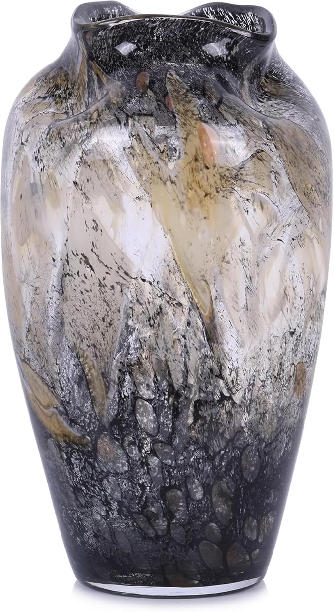 Abstract Art Hand Blown Glass Vase, Black Smoke Glass Vase for Flowers, Elegant Wide Mouth Glass Vase for Centerpieces, Vintage Glass Farmhouse Vase, Unique Modern Vase Decor for Home