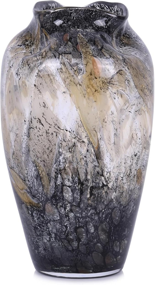 Abstract Art Hand Blown Glass Vase, Black Smoke Glass Vase for Flowers, Elegant Wide Mouth Glass Vase for Centerpieces, Vintage Glass Farmhouse Vase, Unique Modern Vase Decor for Home
