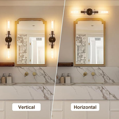 Brass Bronze 2-Light Knurled Wall Sconce, Dual-Head Vanity Lamp with Clear Glass Tube, Bathroom Wall Sconces, Wall Lights for Living Room Bedroom Hallway Kitchen Bathroom Mirror