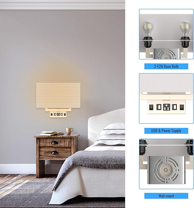 LEDMyplace 2-Light LED Wall Sconce Fixture, Sconces for Living Room with USB Ports and Outlet, Brass Sconces, E26 Base, Brushed Nickel Finish, White Fabric Shade, Decorative Wall Lighting