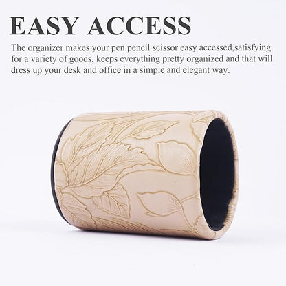 PU Leather Pen Holder Round Flash Makeup Brush Holder Desktop Pencil Storage Holder Gift for Desk Office Classroom Home(1-Carved Light Brown)