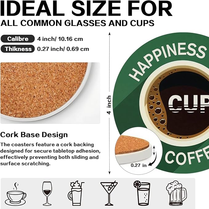 zcyhtqp, Happiness is a Cup of Coffee, Funny Absorbent Round Ceramic Stone Coasters Set of 4 with Cork Base, Funny Coffee Coasters, Gifts for Home, Kitchen, Office Table Décor