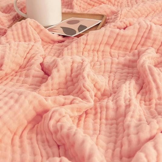 EMME Cotton Throw Blanket for Couch Soft Muslin Blankets 50"x60" Lightweight Breathable Blanket All Season Gauze Blanket, Pink