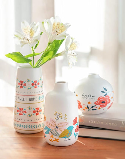 Karma, White Small Bud Ceramic Flower Vases for Rustic Home Decor, Mini Vases for Modern Farmhouse Decor, Living Room, Mantel and Entryway Decor, Oh Happy Day