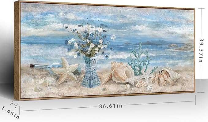 Nicetop Extra Large Framed Wall Art for Living Room Blue Boho Ocean Beach Coastal Daisy Flower in Vase Picture Huge Seascape Canvas Print Painting Oversized Seaside Artwork for Home Office 86x39inch