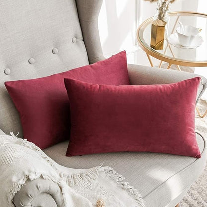 MIULEE Pack of 2 Velvet Soft Solid Christmas Decorative Lumbar Rectangle Throw Pillow Covers Cushion Case Home Decor for Sofa Couch Bedroom Car 12x20 Inch Wine Red