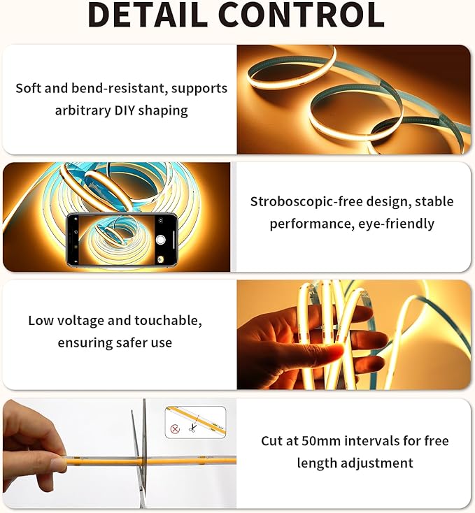 COB LED Strip Light 3000K 80FT/24M Warm White LED Strip Dimmable High Lumen Strip (2 Rolls of 40ft) 24V UL Adapter Suitable Adhesive Indoor COB LED Strip for Bedroom, Living Room, Shelf, Cabinet