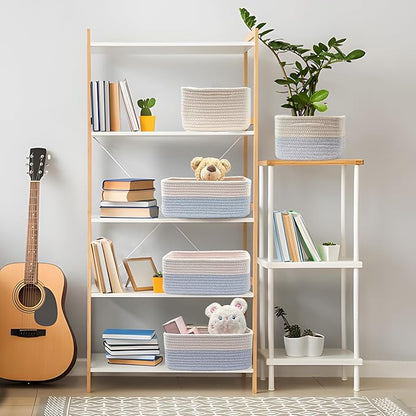 COMFY-HOMI 13" x 8.5" x 5.1" Storage Baskets for Organizing | Cotton Rope Woven Basket | Toy Storage Bin Box | Basket for Shelves, Closet Organizer Bin, Decorative Closet Shelf, 3 Pack, white/bule