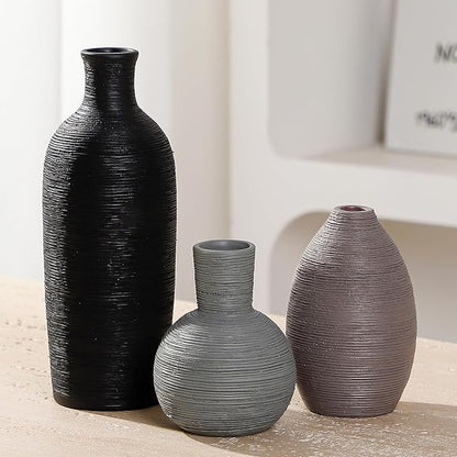 Ceramic Vases Set of 3 Home Decor Vases Modern Rustic Farmhouse Pottery Decorative Flower Vase for Pampas Grass Dried Fresh Flowers, Living Room, Table Centerpiece, Shelf, Mantel (Multicolor Black)
