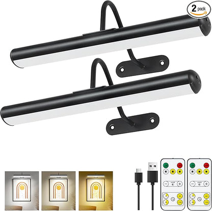 2Pack-Dimmable Picture Lights with Timer Controller for Wall Sconce Lamps,Art Painting Light for Home Office Gallery, 5000mAh Rechargeable Battery Operated Wall Light for Display Portrait Frame-Black
