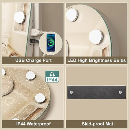 S'bagno Arched Vanity Mirror with Lights, 7 Dimmable LED Bulbs Hollywood Mirror, 3 Color Modes & Memory Function Makeup Mirror with Lights, Detachable 10X Magnification, Touch Control,USB-A(15''x12'')