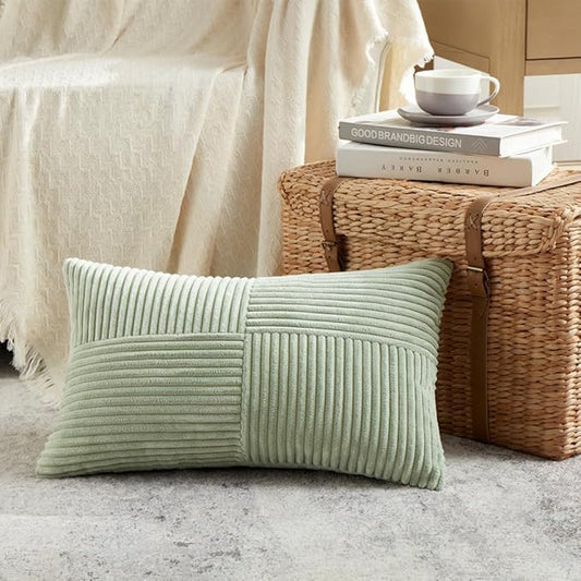 Fancy Homi 2 Packs Sage Green Lumbar Decorative Throw Pillow Covers 14x22 Inch for Living Room Couch Bed, Rustic Farmhouse Boho Home Decor, Soft Striped Corduroy Rectangle Accent Cushion Case 35x55 cm