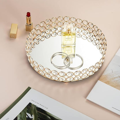 Feyarl Crystal Perfume Tray Makeup Cosmetic Vanity Organizer Jewelry Trinket Display Storage Mirrored Decorative Tray Skin Care Tray for Dresser Home Deco Birthday Gift(Round 10" inch) (Gold)
