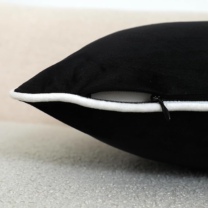 LIGICKY Long Lumbar Pillow Cover 14x36 inch Black Velvet White Rope Edging Throw Pillow Covers Decorative Rectangular Body Pillow Case Accent Textured Cushion Cover for Bed Couch (Cover Only)