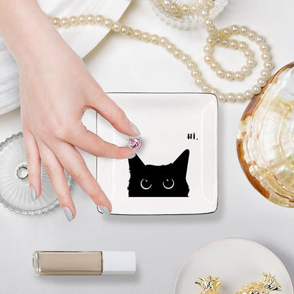 Black Cat Jewelry Dish - Ceramic Tray for Rings, Earrings & Cat Gifts