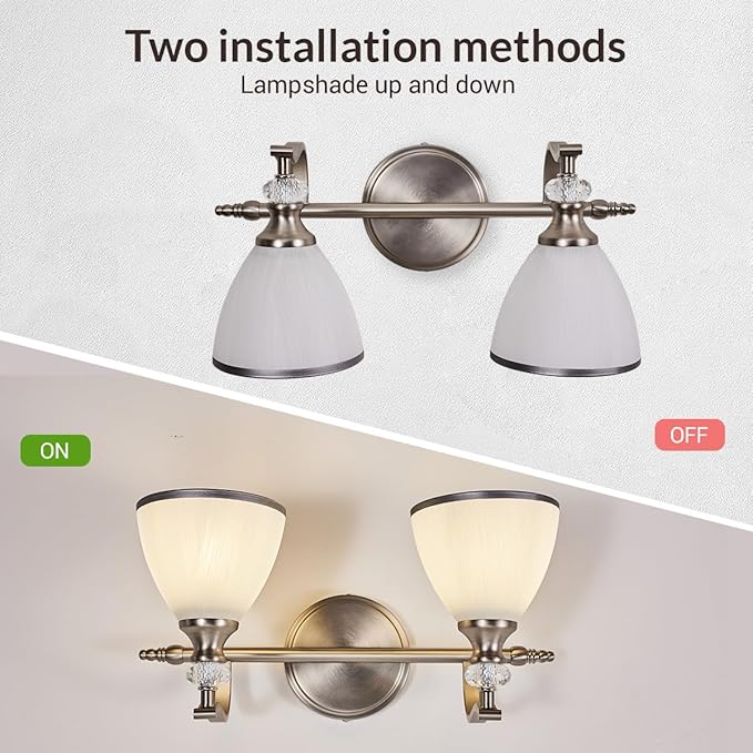 ANDY STAR Brushed Nickel Vanity Light, 2-Light Bathroom Light Fixtures with Milky White Bell-Shape Glass Shades, Eye-Friendly Bathroom Wall Lamp for Mirror, Kitchen, Bedroom, Hallway
