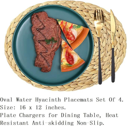 Oval Woven Placemats, Natural Water Hyacinth Placemats Set of 4, Straw Braided Rattan Placemats, 12x16 Inches Plate Chargers Set, Non-Slip Heat Resistant Woven Chargers for Dining Table