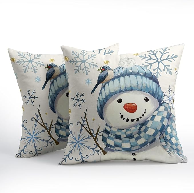 Christmas Pillow Covers 20x20 Set of 2 Blue Snowman Throw Pillow Covers Winter Pillowcase Linen Decoration Farmhouse Bird Cozy Soft Cushion Case Couch for Indoor Outdoor Home Decor