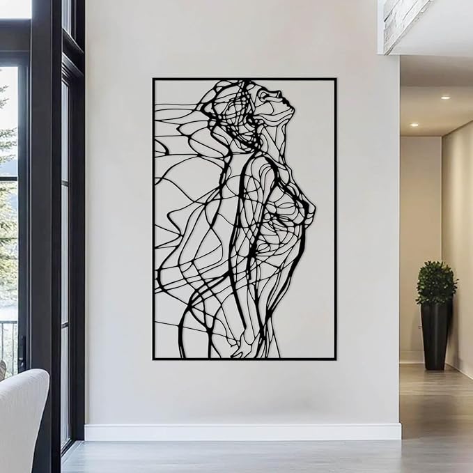 BIANGING Modern Woman Face Metal Wall Decor, Abstract Woman Face Metal Wall Decor, Abstract Female Line Wall Art, Minimalist Line Wall Art for Bathroom Living Room Bedroom (Gold, 48"x32"/121x81cm)