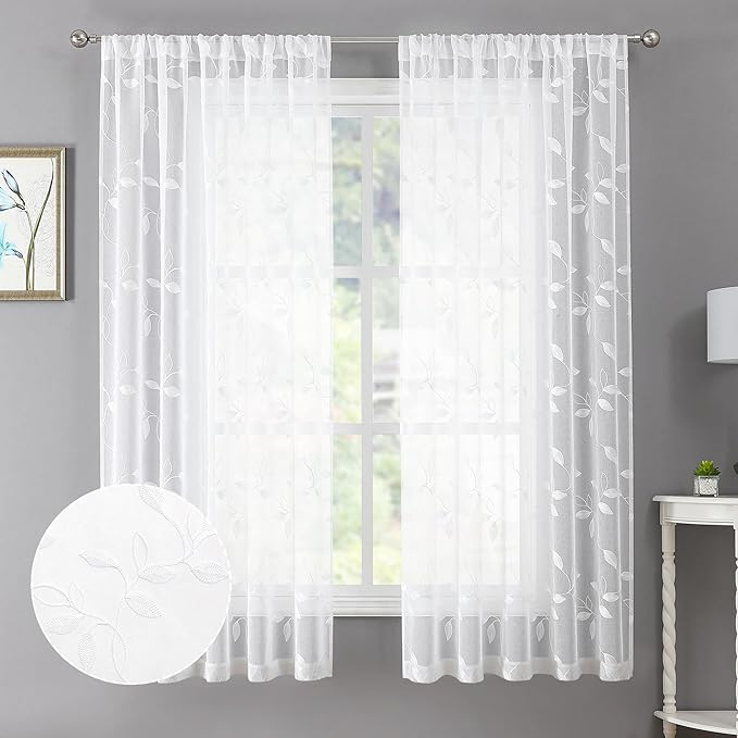 Tollpiz White Leaf Sheer Curtains Leaves Embroidered Living Room Curtain Rod Pocket Voile Window Treatments for Bedroom, 54 x 63 inches Long, Set of 2 Panels