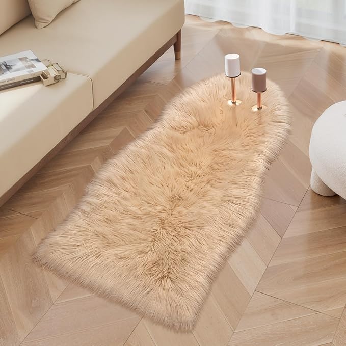 Ciicool Ultra Soft Faux Sheepskin Fur Rug Fluffy Chair Rug for Sofa Couch Seat Cushion.Shaggy Furry Small 2x4 Beige Bedroom Fuzzy Carpet for Living Room Kid's Room Nursery Decor