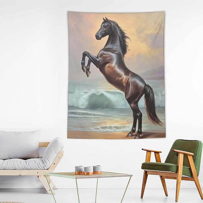 JYOUQOC Horse Animal Stands On The Beach Tapestry Flag Backdrop Wall Hanging Large Wall Art Decor for Dorm Office Bedroom Living Room 60"×80"
