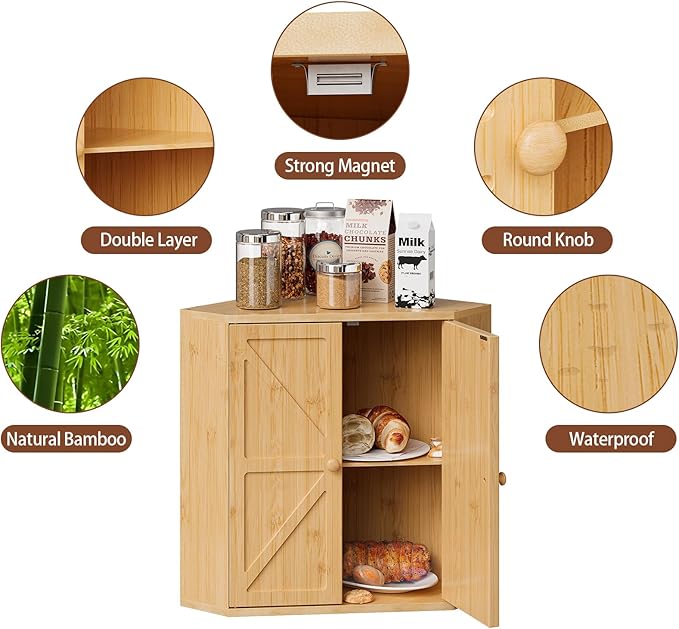Corner Bread Box for Kitchen Counter Double Layer Bamboo Bread Storage Container Large Capacity Bread Storage Bin Farmhouse Breadbox Organizer (Bamboo Natural)