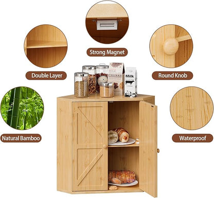 Corner Bread Box for Kitchen Counter Double Layer Bamboo Bread Storage Container Large Capacity Bread Storage Bin Farmhouse Breadbox Organizer (Bamboo Natural)