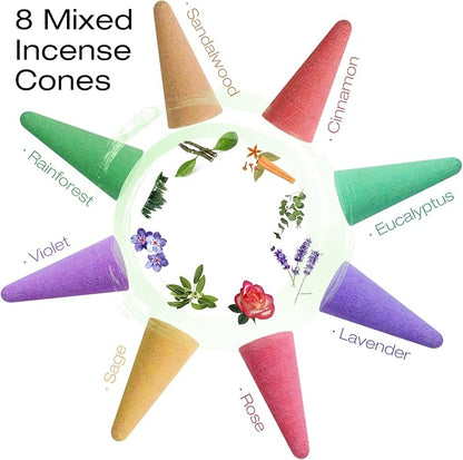 STRN Incense Cones Assorted Scented with Holder, 120 Cones Total Incense Variety Pack Gift Set, Rose, Sage, Lavender, Violet, Cinnamon, Eucalyptus, Sandalwood, Rain Forest