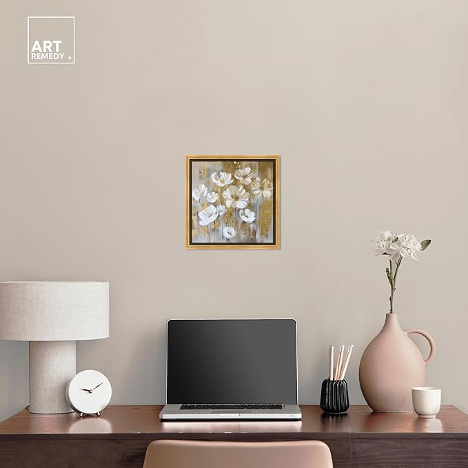 Art Remedy Golden Daisies Canvas Elegant White Gold Wall Art, Gold Frame, 12" x 12"