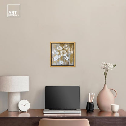 Art Remedy Golden Daisies Canvas Elegant White Gold Wall Art, Gold Frame, 12" x 12"