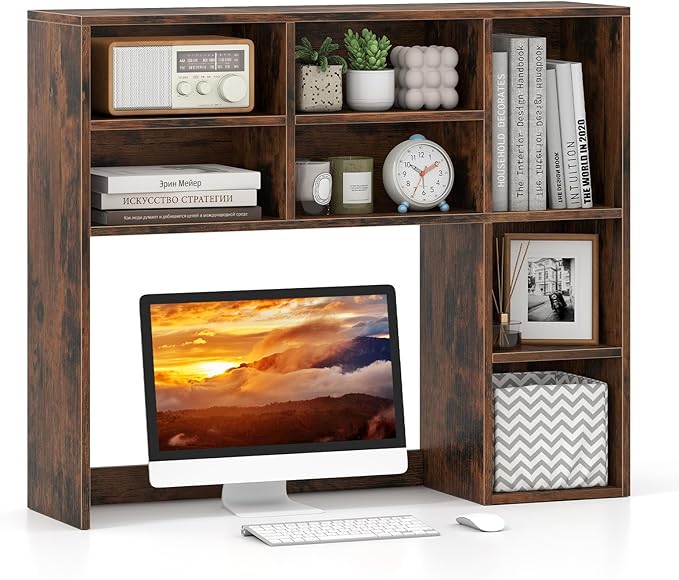 GOFLAME Desktop Bookshelf, 37” Desk Organizer Shelf with 7 Cubes & 3 Adjustable Shelves, 3-Tier Wood Countertop Display Rack, Multipurpose Tabletop Desk Hutch for Dorm, Home Office (Rustic Brown)