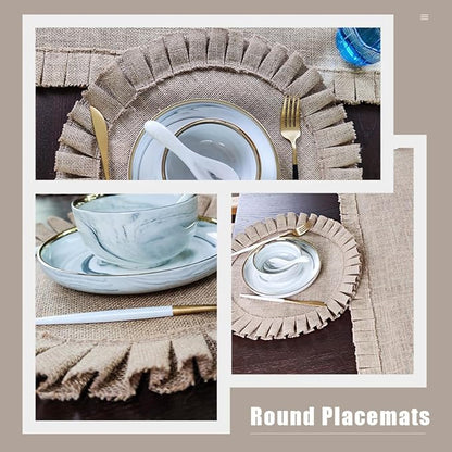 2Pcs Round Woven Jute Placemats with Ruffled Edges Retro Rustic Insulated Table Mats Non-Slip Decorative Place Mats for Dining Kitchen Parties and Restaurants